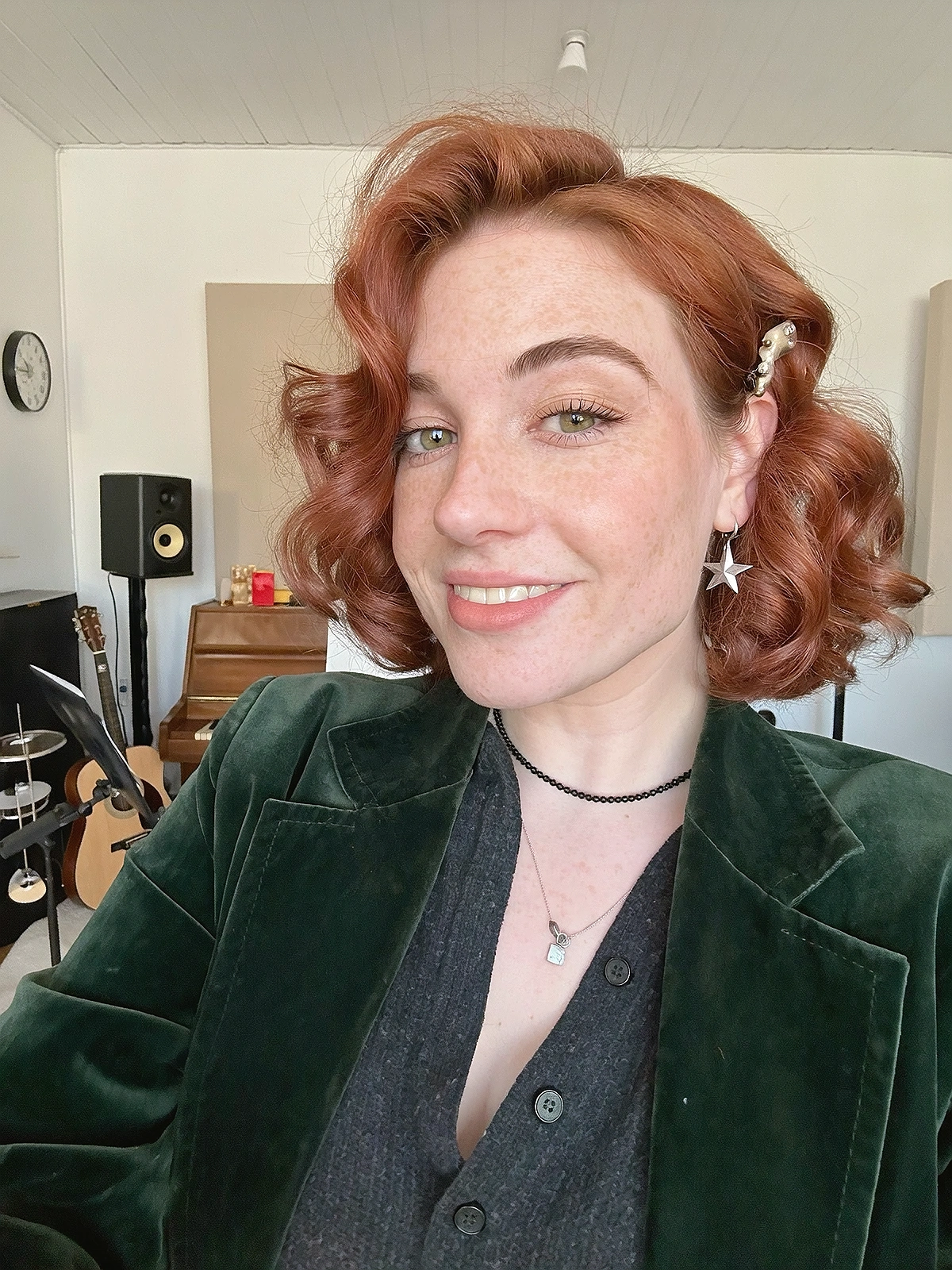 Fictional AI artist with copper styled waves in her recording studio