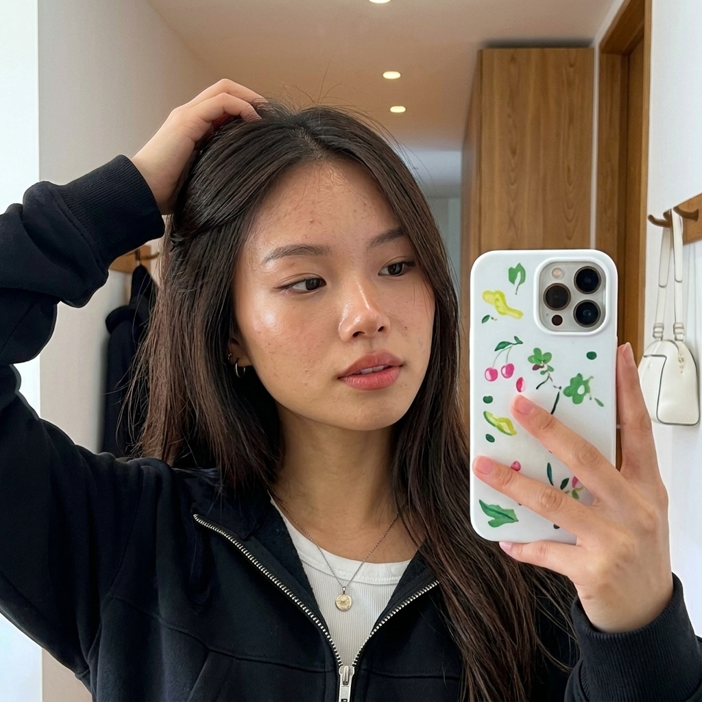 Famegrid Pro model output — Asian woman crop zip hoodie selfie