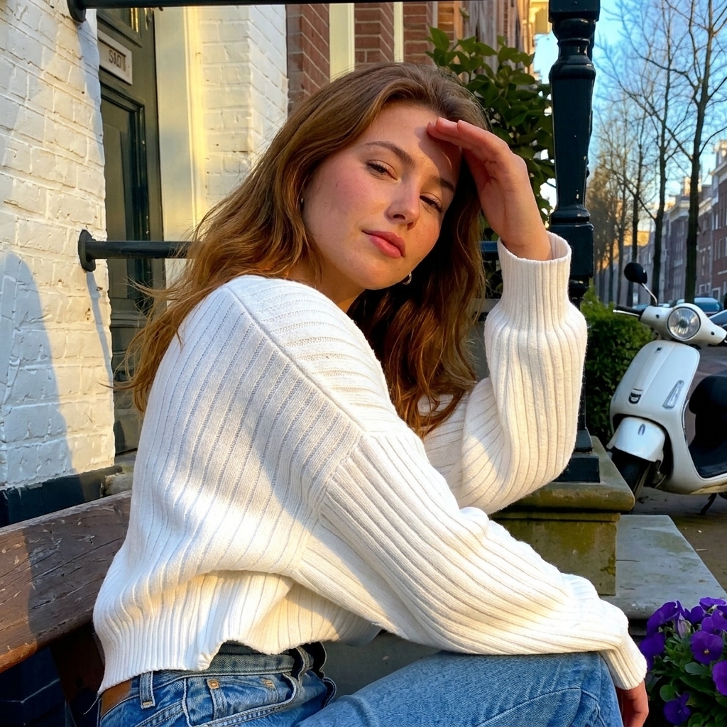 Famegrid Pro model output — Bench white sweater model