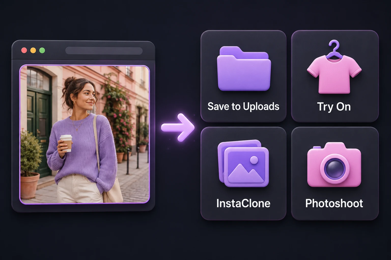 A selected browser photo being saved or sent to Try On, InstaClone, and Photoshoot