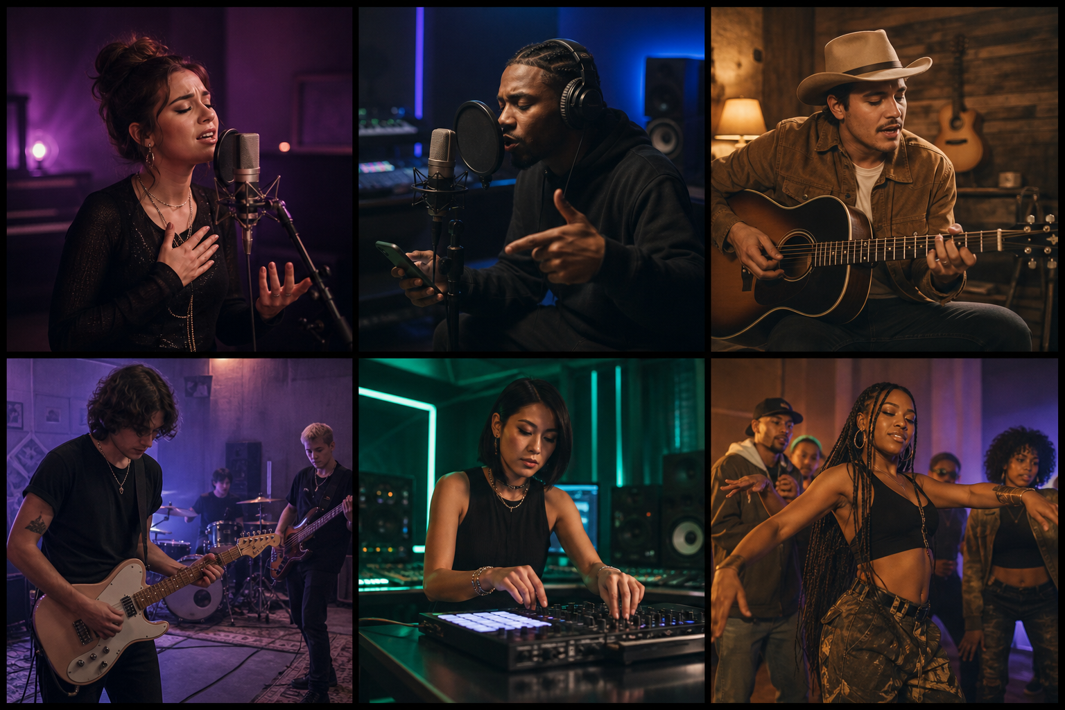 Six fictional musicians representing pop, hip-hop, country, alternative rock, electronic and Afrobeats content formats
