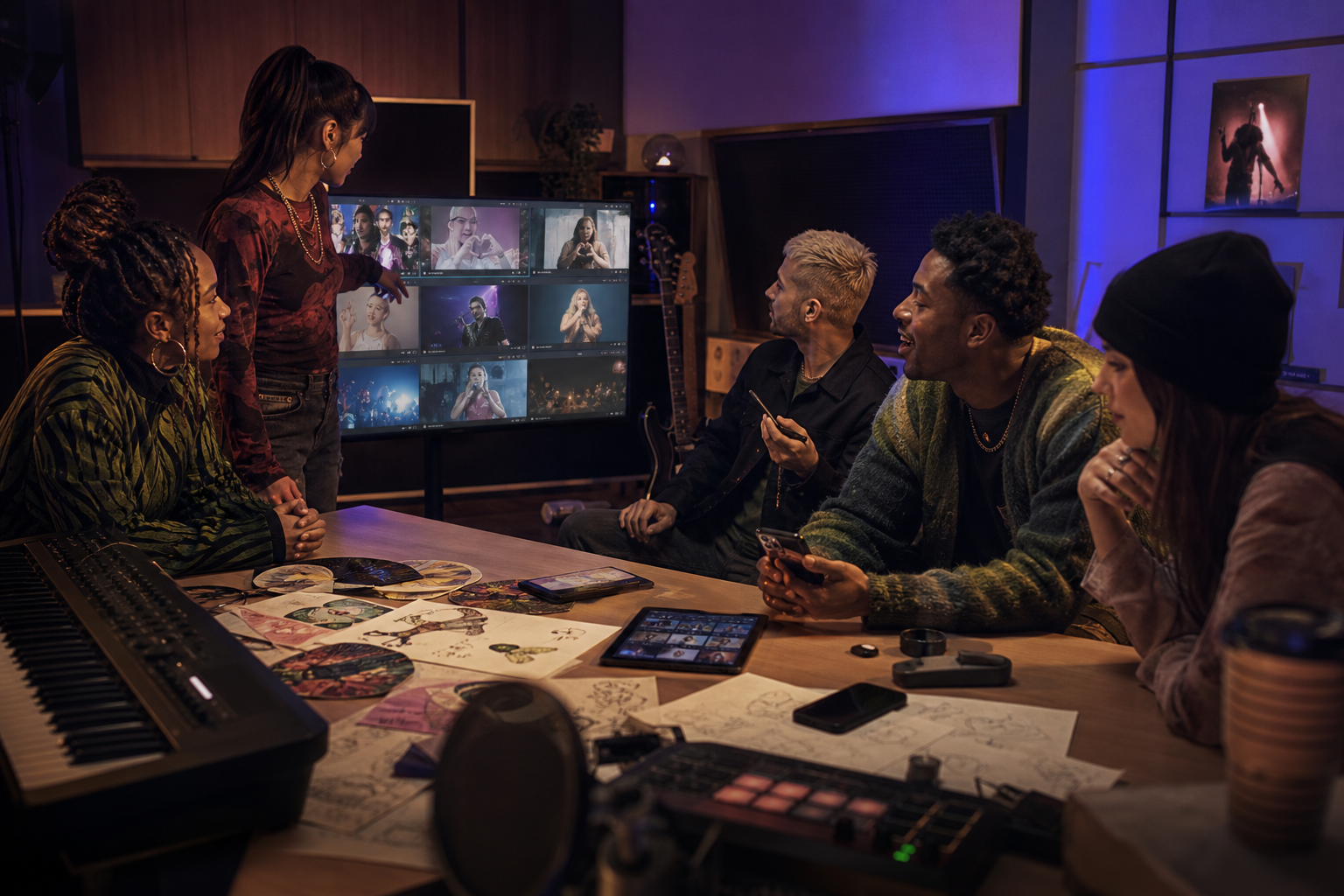 A diverse group of musicians reviewing fan videos and planning their next social content series