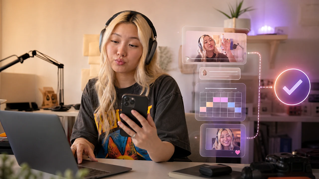 A creator managing video, scheduling, and publishing from her home studio
