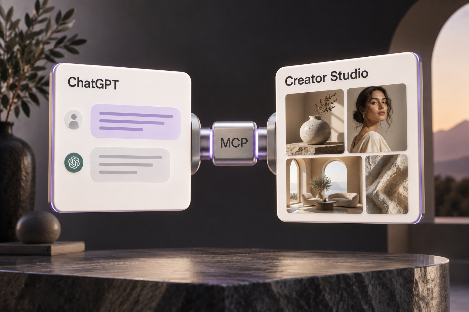 ChatGPT and Creator Studio panels joined by an MCP connector, with generated photography in the Studio gallery