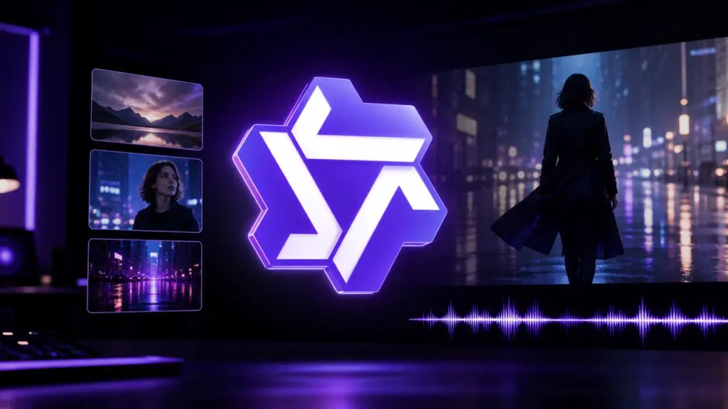 Wan product mark surrounded by cinematic reference frames and an audio waveform